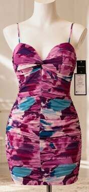 NWT Katia Rae Juniors M Pink Floral Mesh Lace-Up Bodycon Dress